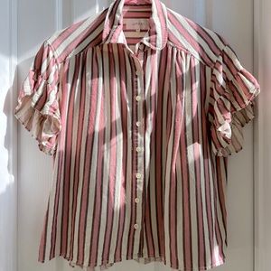Ruffled sleeve striped button up blouse